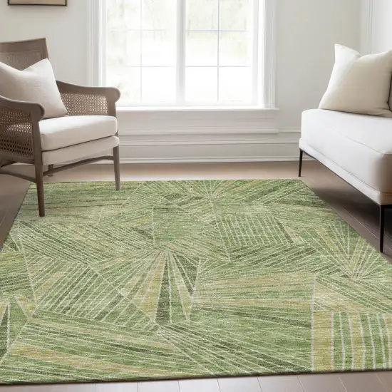 Green And Beige Geometric Washable Area Rug With UV Protection Photo 6