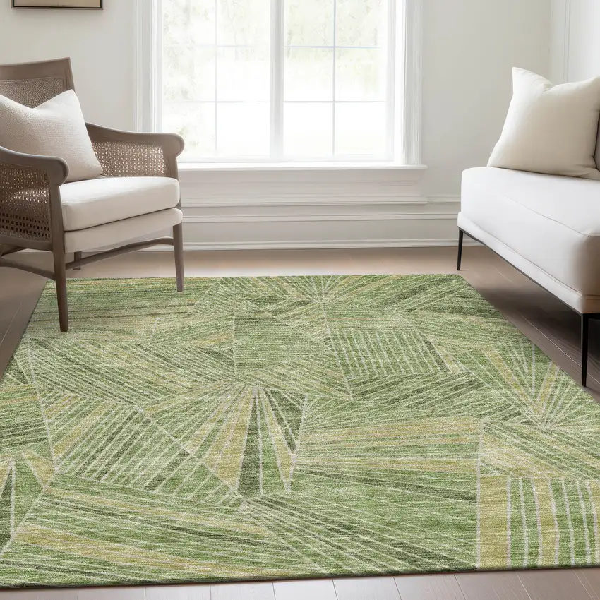Green And Beige Geometric Washable Area Rug With UV Protection Photo 6