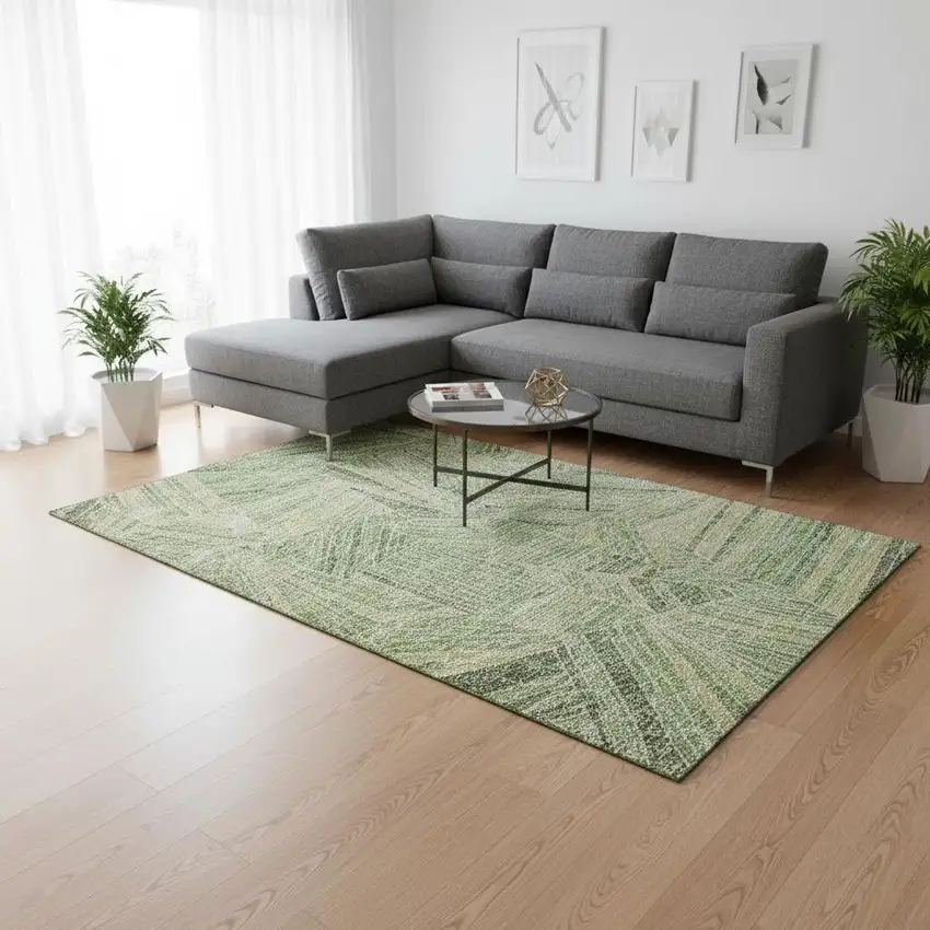 Green And Beige Geometric Washable Area Rug With UV Protection Photo 2