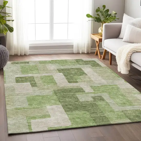 Green And Beige Geometric Washable Area Rug With UV Protection Photo 4