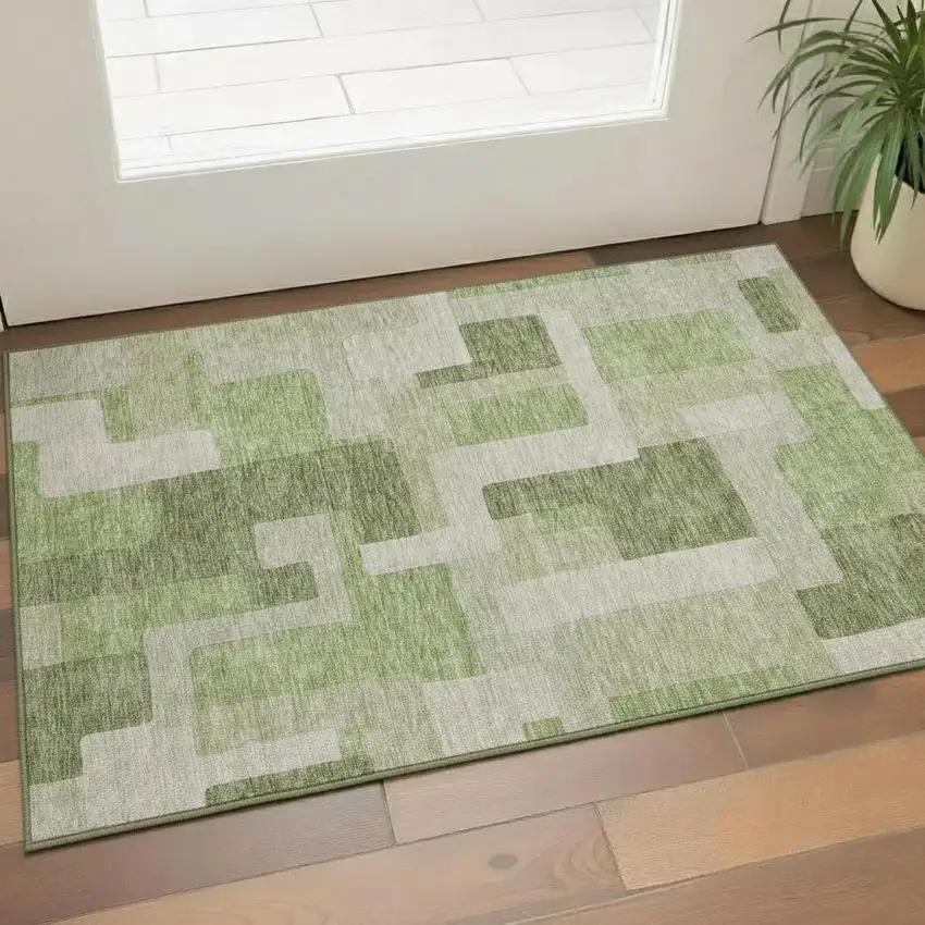 Green And Beige Geometric Washable Area Rug With UV Protection Photo 2