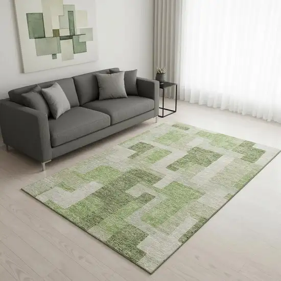 Green And Beige Geometric Washable Area Rug With UV Protection Photo 2