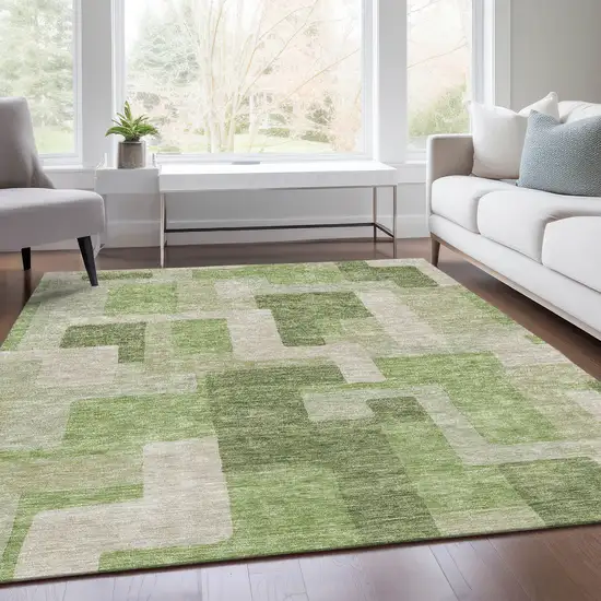 Green And Beige Geometric Washable Area Rug With UV Protection Photo 5