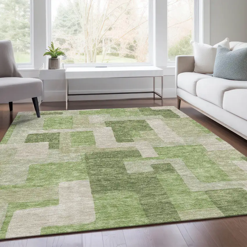 Green And Beige Geometric Washable Area Rug With UV Protection Photo 5