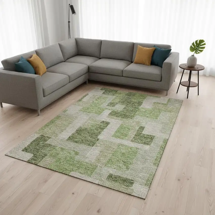 Green And Beige Geometric Washable Area Rug With UV Protection Photo 2
