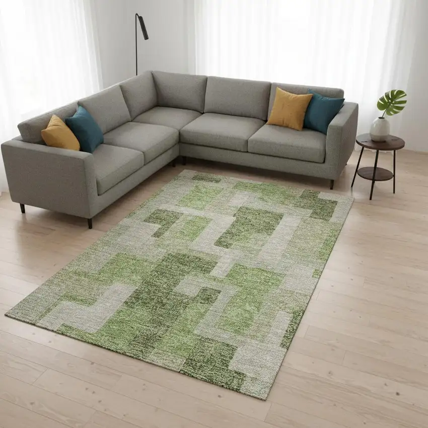 Green And Beige Geometric Washable Area Rug With UV Protection Photo 2