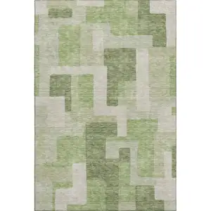 Photo of Green And Beige Geometric Washable Area Rug With UV Protection