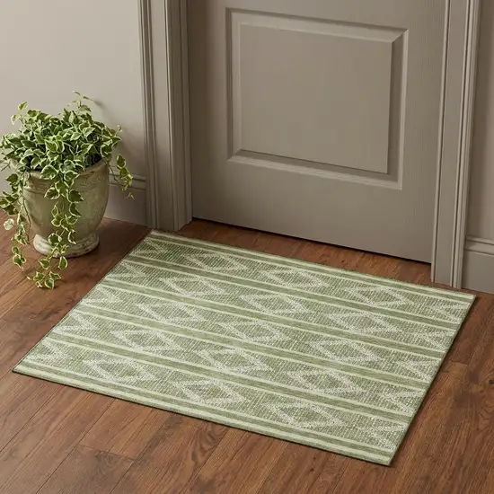 Green And Beige Geometric Washable Area Rug With UV Protection Photo 1