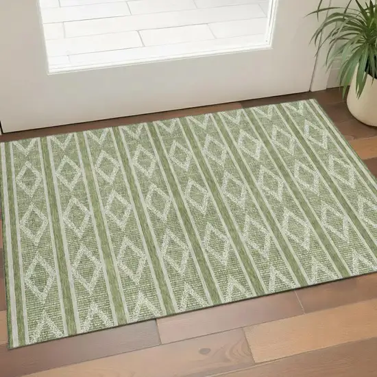 Green And Beige Geometric Washable Area Rug With UV Protection Photo 1