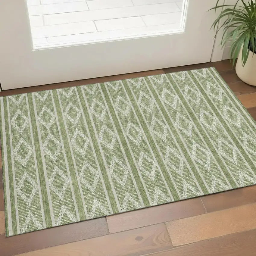 Green And Beige Geometric Washable Area Rug With UV Protection Photo 1