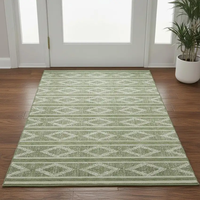 Green And Beige Geometric Washable Area Rug With UV Protection Photo 2