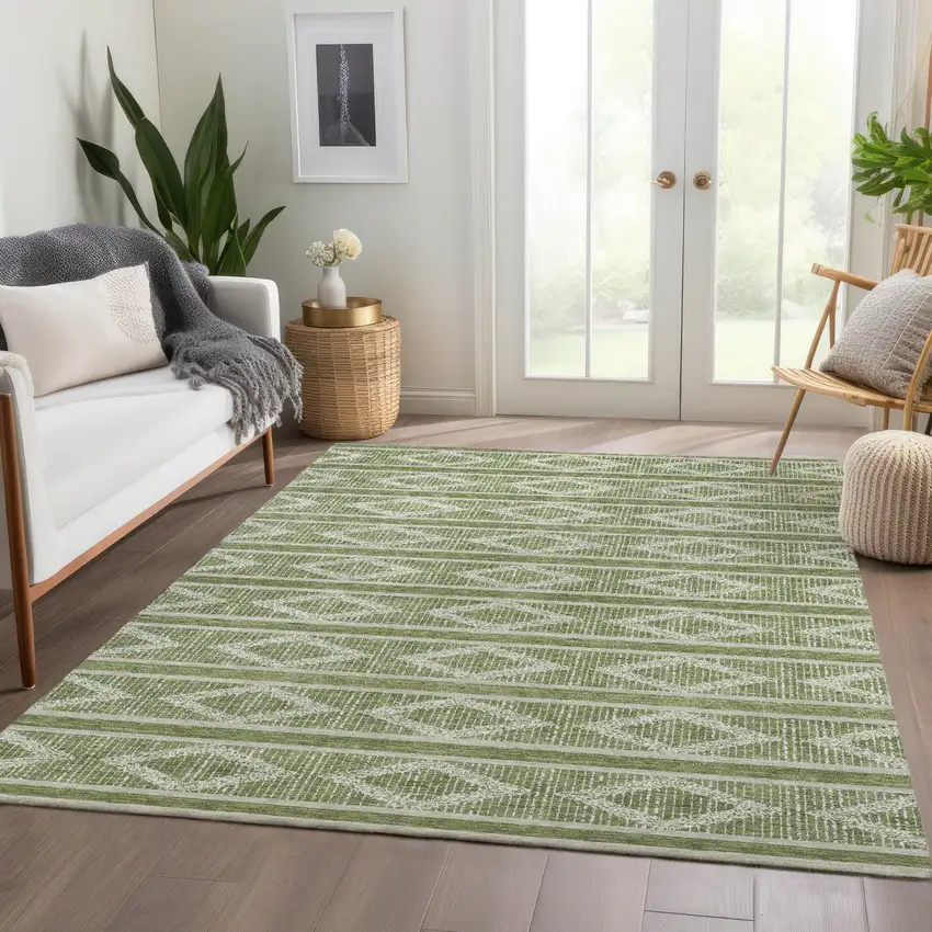 Green And Beige Geometric Washable Area Rug With UV Protection Photo 5