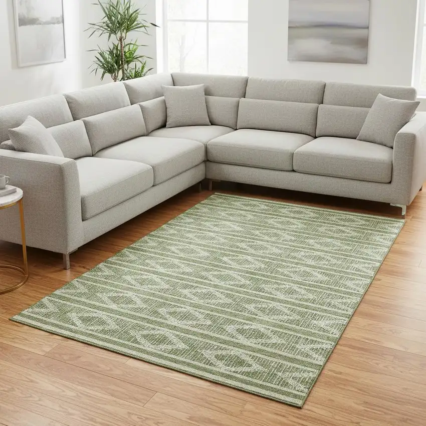 Green And Beige Geometric Washable Area Rug With UV Protection Photo 2