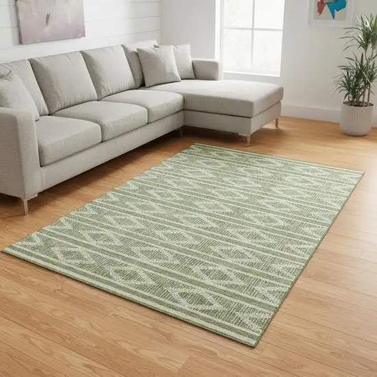 Green And Beige Geometric Washable Area Rug With UV Protection Photo 2