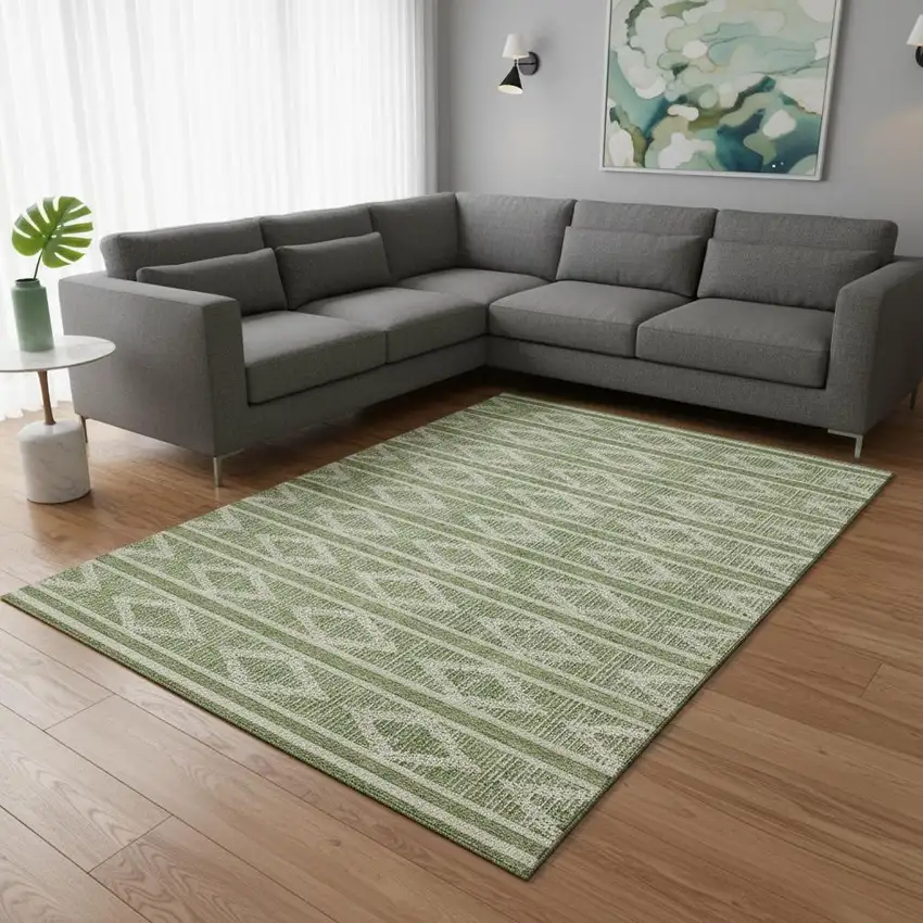 Green And Beige Geometric Washable Area Rug With UV Protection Photo 2