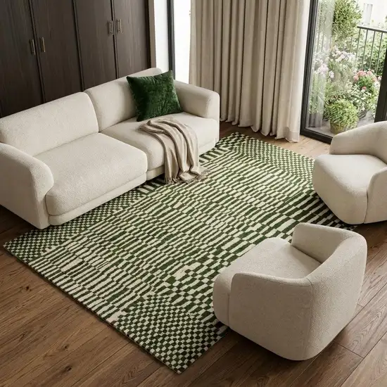 Green And Beige Geometric Washable Area Rug With UV Protection Photo 1