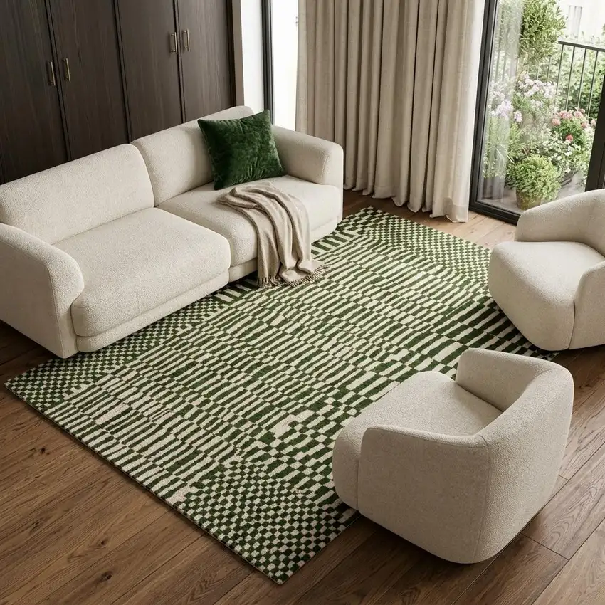 Green And Beige Geometric Washable Area Rug With UV Protection Photo 1
