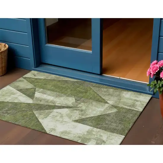 Green And Beige Geometric Washable Indoor Outdoor Area Rug Photo 2