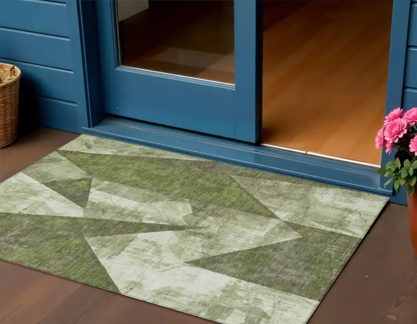 Green And Beige Geometric Washable Indoor Outdoor Area Rug Photo 2