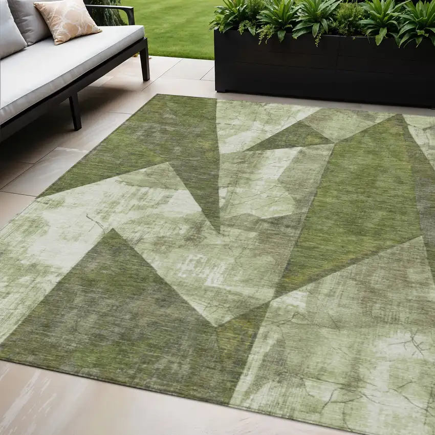 Green And Beige Geometric Washable Indoor Outdoor Area Rug Photo 2