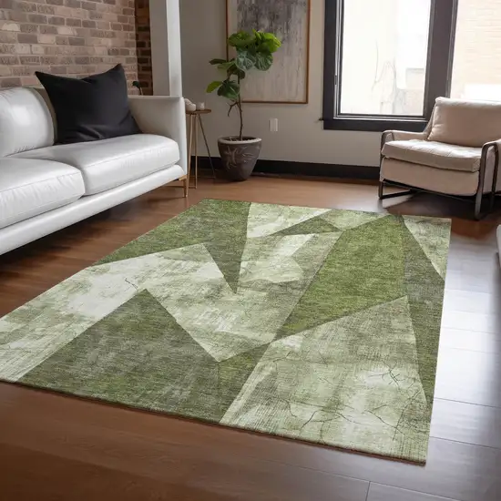 Green And Beige Geometric Washable Indoor Outdoor Area Rug Photo 5