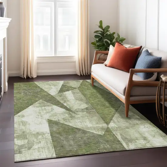 Green And Beige Geometric Washable Indoor Outdoor Area Rug Photo 6