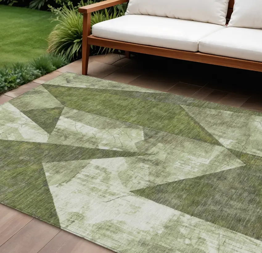 Green And Beige Geometric Washable Indoor Outdoor Area Rug Photo 2