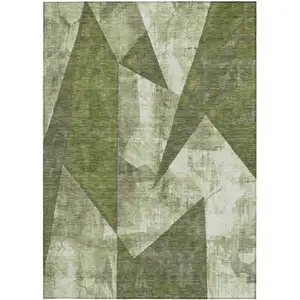 Photo of Green And Beige Geometric Washable Indoor Outdoor Area Rug