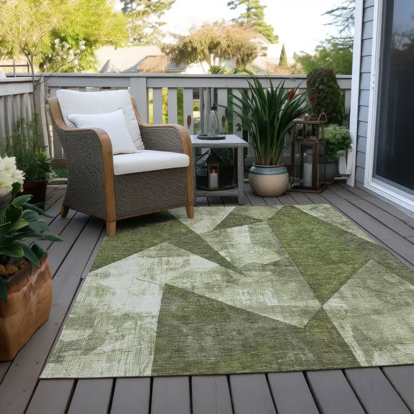 Green And Beige Geometric Washable Indoor Outdoor Area Rug Photo 8