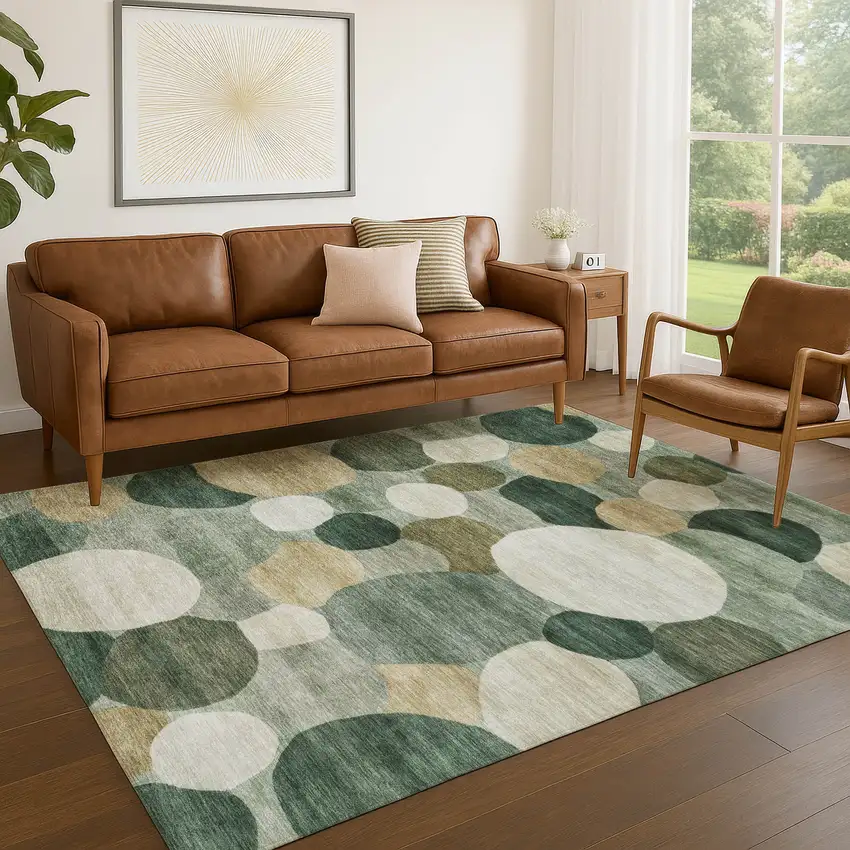 Green And Beige Geometric Washable Indoor Outdoor Area Rug Photo 5