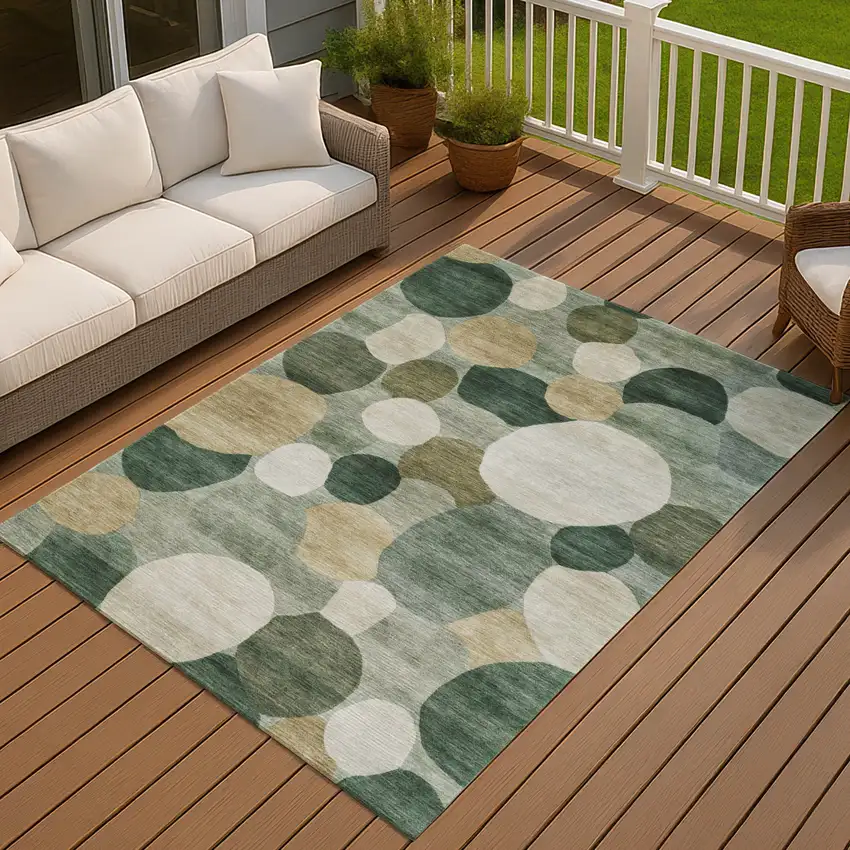 Green And Beige Geometric Washable Indoor Outdoor Area Rug Photo 4