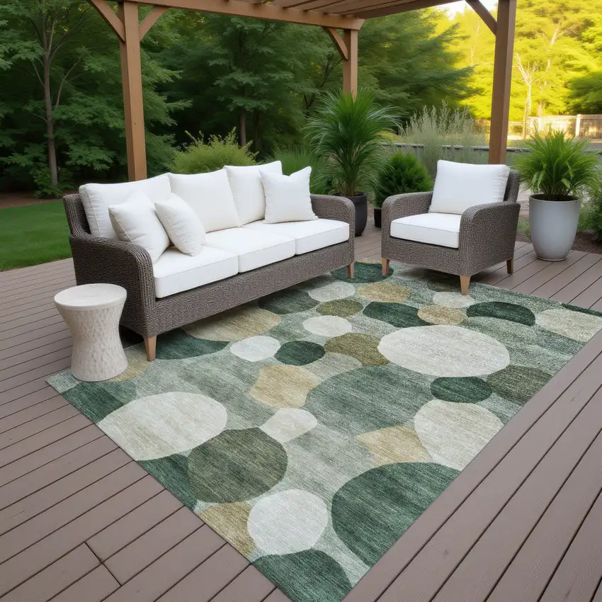 Green And Beige Geometric Washable Indoor Outdoor Area Rug Photo 7