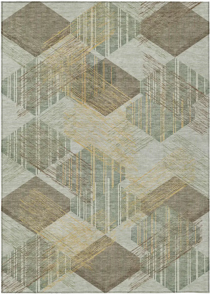Green And Beige Geometric Washable Indoor Outdoor Area Rug Photo 1