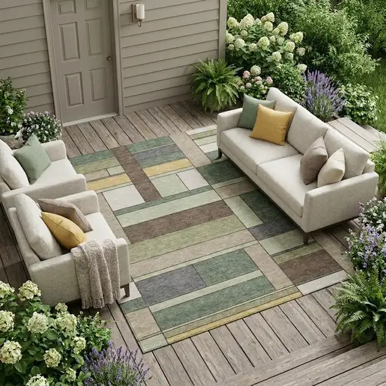 Green And Beige Geometric Washable Indoor Outdoor Area Rug Photo 1