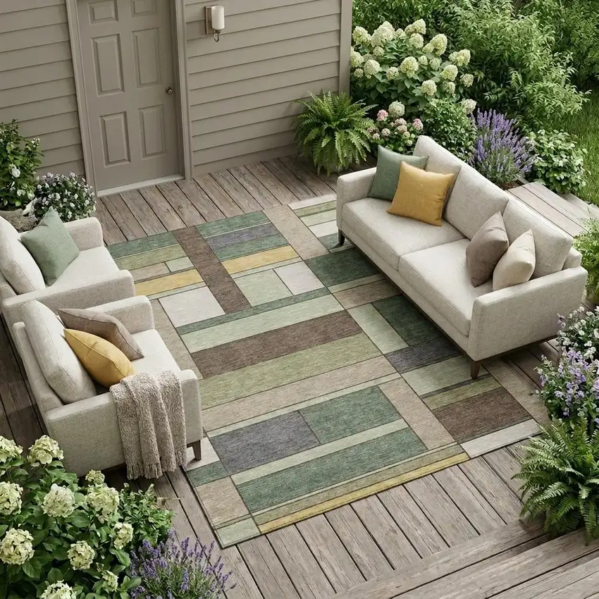 Green And Beige Geometric Washable Indoor Outdoor Area Rug Photo 1