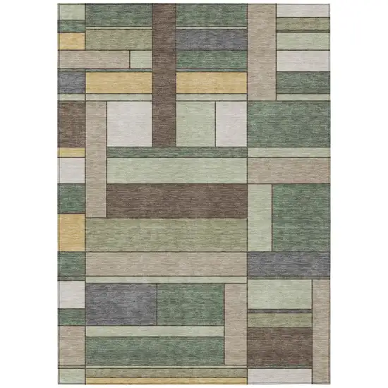 Green And Beige Geometric Washable Indoor Outdoor Area Rug Photo 2