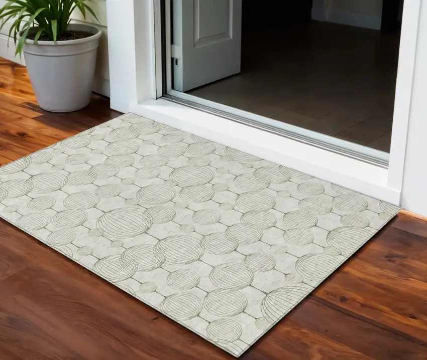 Green And Beige Geometric Washable Indoor Outdoor Area Rug Photo 1