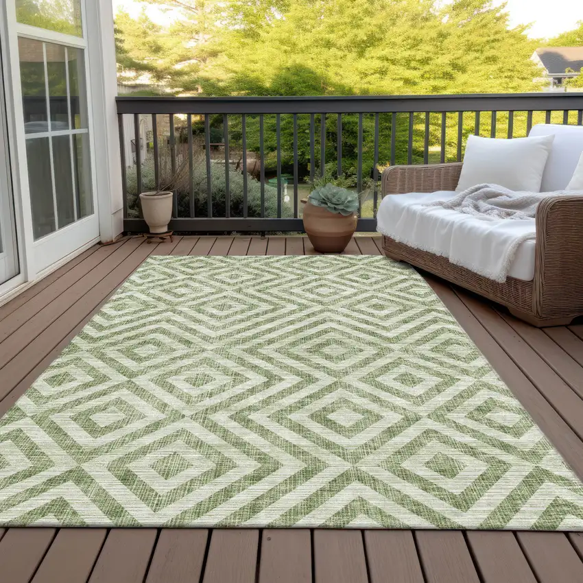 Green And Beige Geometric Washable Indoor Outdoor Area Rug Photo 7