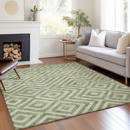 Green And Beige Geometric Washable Indoor Outdoor Area Rug Photo 8