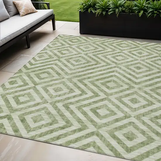 Green And Beige Geometric Washable Indoor Outdoor Area Rug Photo 2