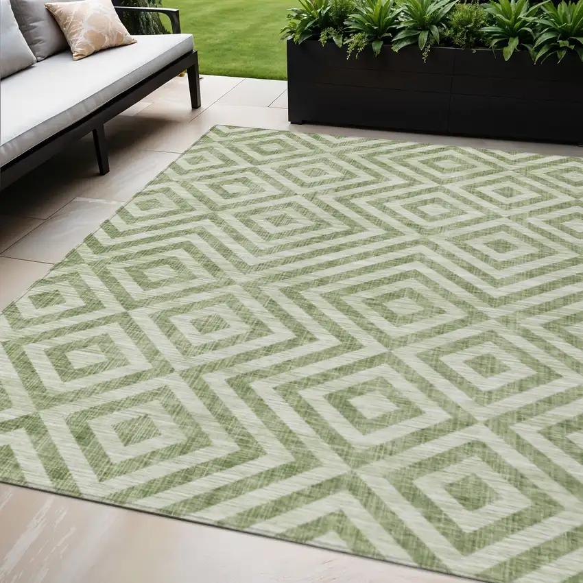 Green And Beige Geometric Washable Indoor Outdoor Area Rug Photo 2