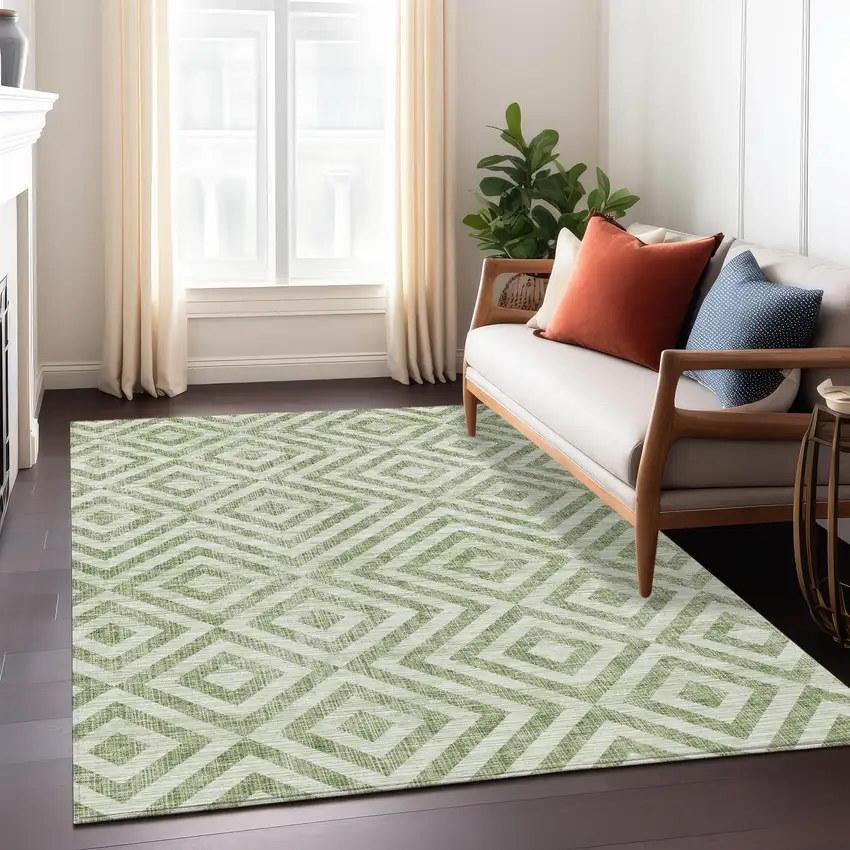 Green And Beige Geometric Washable Indoor Outdoor Area Rug Photo 9