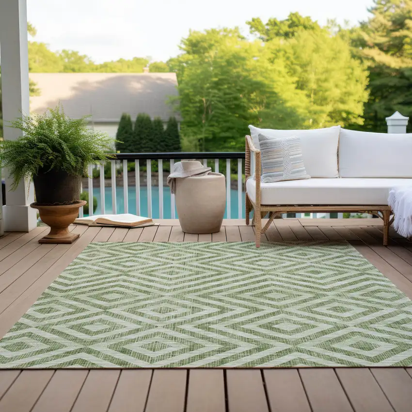Green And Beige Geometric Washable Indoor Outdoor Area Rug Photo 9