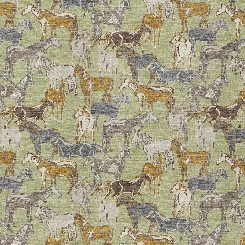 Green And Beige Horse Washable Indoor Outdoor Area Rug Photo 3