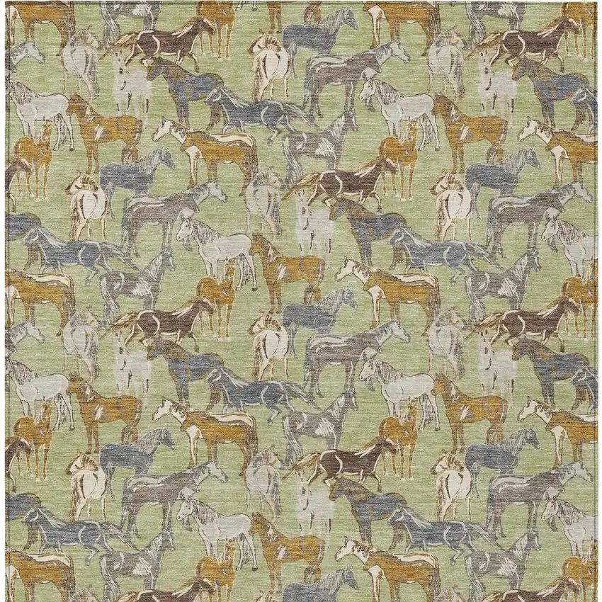 Green And Beige Horse Washable Indoor Outdoor Area Rug Photo 4