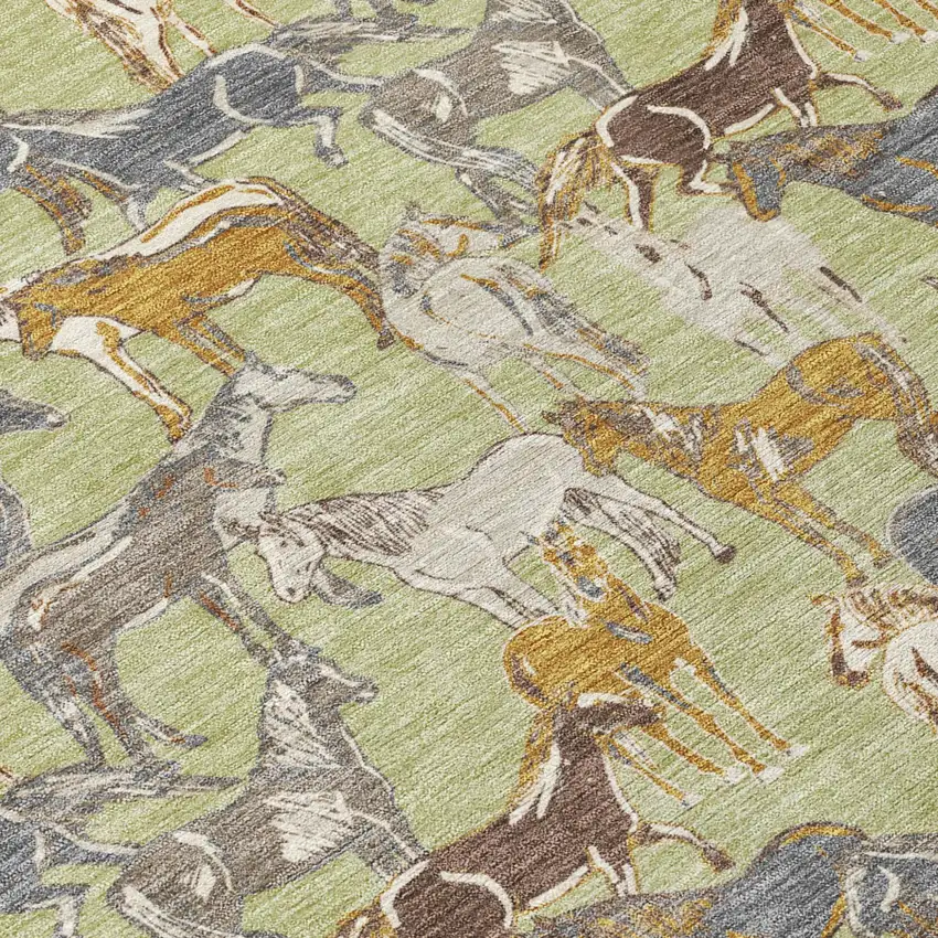 Green And Beige Horse Washable Indoor Outdoor Area Rug Photo 6