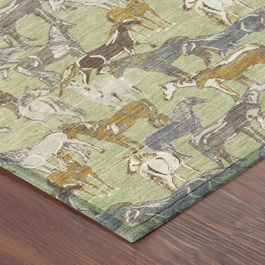 Green And Beige Horse Washable Indoor Outdoor Area Rug Photo 5