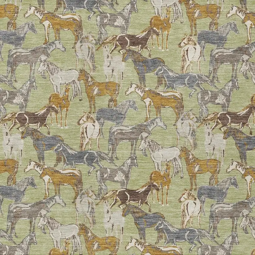 Green And Beige Horse Washable Indoor Outdoor Area Rug Photo 3