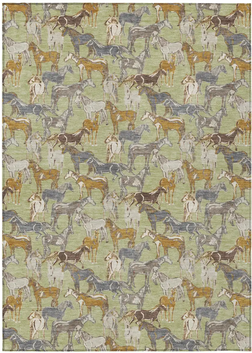 Green And Beige Horse Washable Indoor Outdoor Area Rug Photo 2