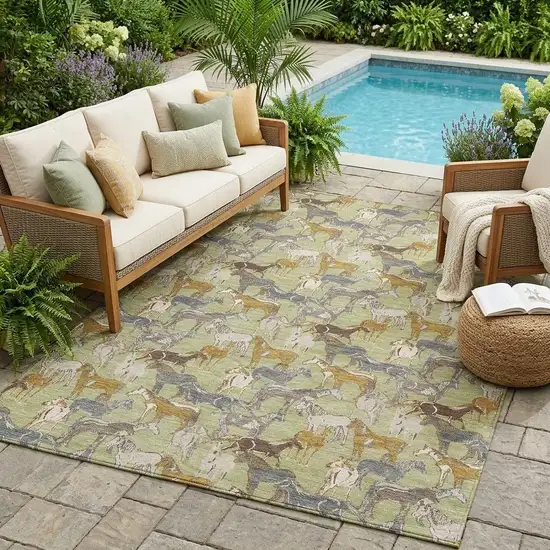 Green And Beige Horse Washable Indoor Outdoor Area Rug Photo 1